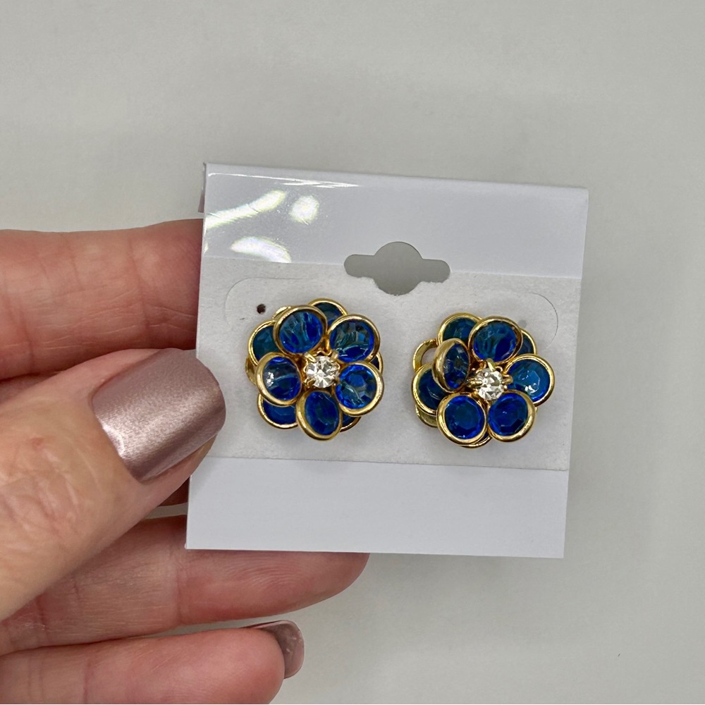 Sparkling Blue and Gold Flower Cluster Earrings - Picture 2 of 12
